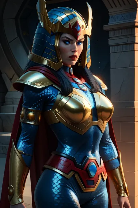 bigbarda, blue eyes, lips, 
blue and gold bodysuit, helmet,  red cape, 
solo,standing, upper body,   serious,  cowboy shot,  loo...