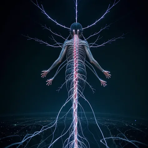 I want an image of the nervous system with each neuron emitting electric and magnetic field lines. Que se vean de cerca.