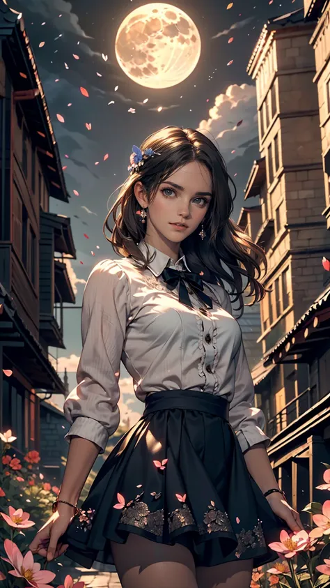 masterpiece, highest quality,, One girl, (colorful),(Beautifully detailed eyes and face),cinematic Lighting,Bust Shot,Highly detailed CG Unity 8k wallpaper,Gray Hair,alone,smile,Complex skirt,((Flying petals)),(Flowery meadow), null, cloudy_null, building,...