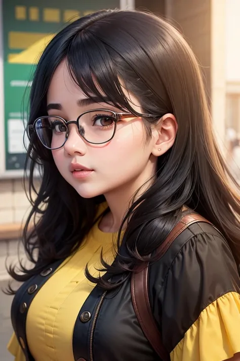 Masterpiece high quality high details realistic face ultra realistic face chubby round face girl with fat fit figure and medium dark black hair till shoulders wearing yellow modest outfit with glasses