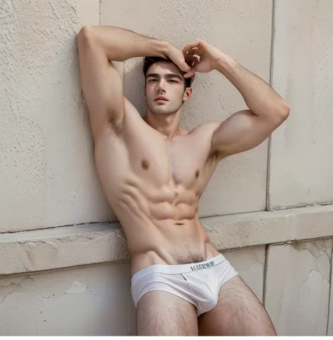 arafed man in white underwear leaning against a wall, raphael lecoste, sexy masculine, diego fazio, male model, by Ludovit Fulla, model with attractive body, inspired by Ludovit Fulla, mid-shot of a hunky, white skirt and barechest, marco bucci, white body...