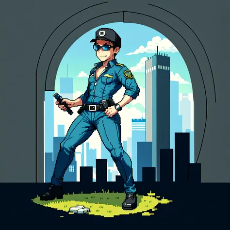 (masterpiece, top quality, best quality), pixel,pixel art,1man,police,black glasses,city,casing robber,full body