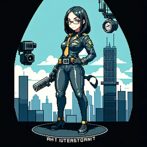 (masterpiece, top quality, best quality), pixel,pixel art,1women,police,black glasses,city,casing robber,full body