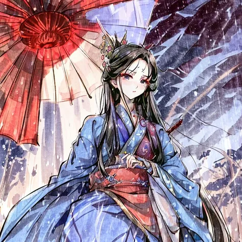 （best quality）,Ancient style handsome man，Feminine temperament，The eyes are sharp and affectionate，Perfect eyebrows，Handsome face，Ancient hair style，A blue ancient costume robe，tall and straight，Holding a red umbrella，It was raining at night，The background...