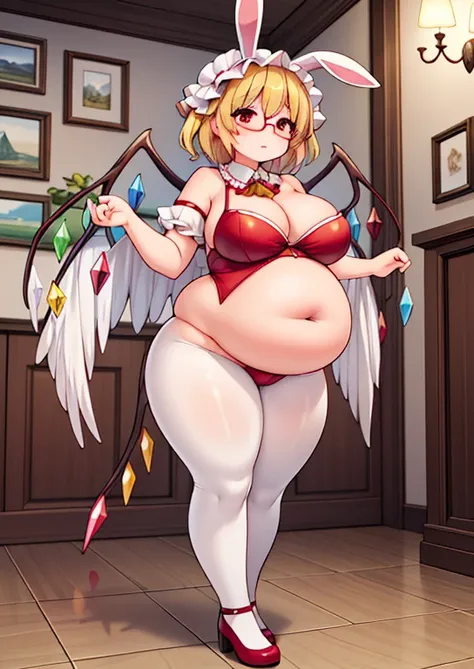 (masterpiece, best quality, highly detailed), 1girls, big belly, huge belly, art by kipteitei, round belly, chubby, curvy, belly grab, enormous belly, fat belly, thicc, bigger belly, really big belly, jiggly belly, glasses, bunnysuit, tight breasts, ((full...