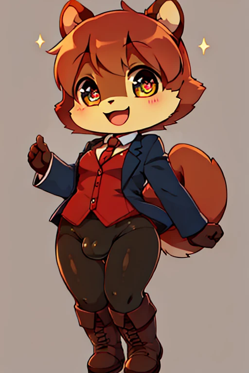 boy, squirrel, furry, bodyfur, blazer, bottomless, tights, gloves, boots, chibi, happy, sparkling eyes, bulge