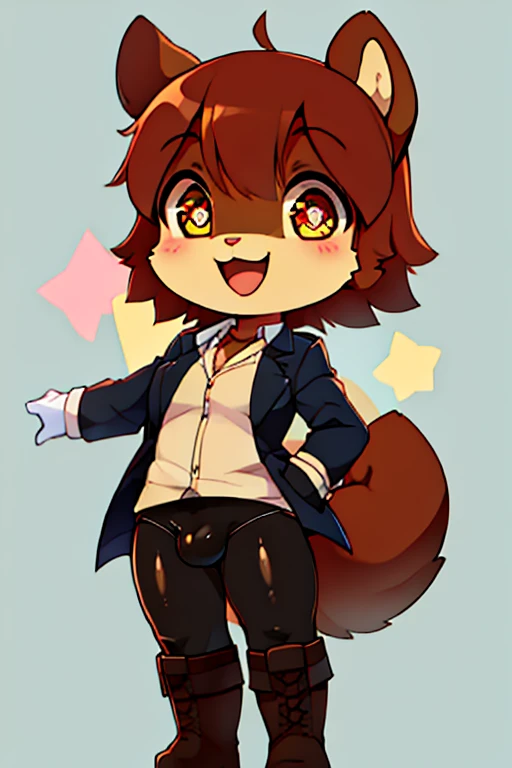 boy, squirrel, furry, bodyfur, blazer, bottomless, tights, gloves, boots, chibi, happy, sparkling eyes, bulge