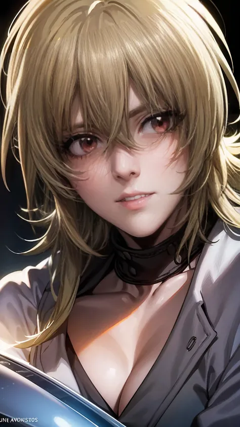 Seras Victoria,detailed face,vampire,handsome face,vampire fangs,red eyes,intense stare,smooth skin,pale complexion,flowing hair,perfectly arched eyebrows,sculpted cheekbones,masterpiece:1.2,ultra-detailed,photorealistic,vivid colors,dark and moody lightin...