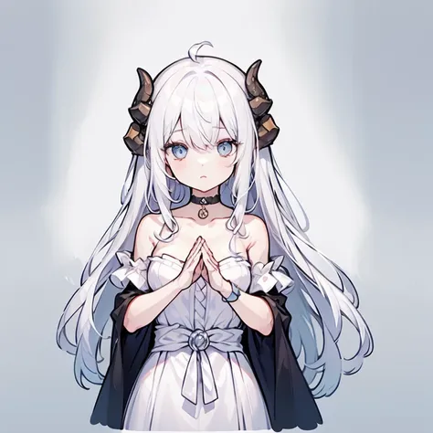 ((masterpiece)), ((bestquality)), 1 girl, solo, a 15-year-old girl, white hair, blue eyes, detailed face, dragonian_head, dragonian_body, dragonian_hairstyle, dragonian_horns, dragonian_tail, one white tail, white long dress, black choker, silver crown, cl...