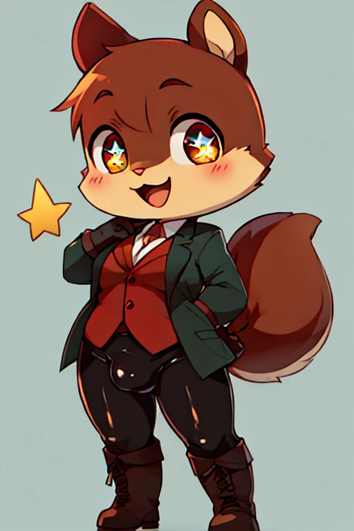 2boys, squirrel, furry, bodyfur, blazer, bottomless, tights, gloves, boots, chibi, happy, sparkling eyes, bulge