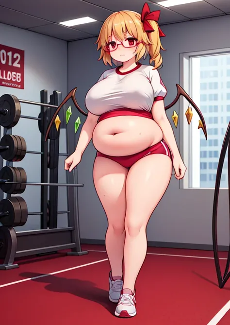 (masterpiece, best quality, highly detailed), 1girls, big belly, huge belly, art by kipteitei, round belly, chubby, curvy, belly grab, enormous belly, fat belly, thicc, bigger belly, really big belly, jiggly belly, glasses, gym clothes, (sweating), tight b...