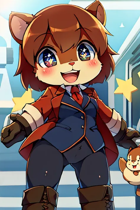 boy, squirrel, furry, bodyfur, blazer, bottomless, navy tights, gloves, boots, chibi, happy, sparkling eyes, train