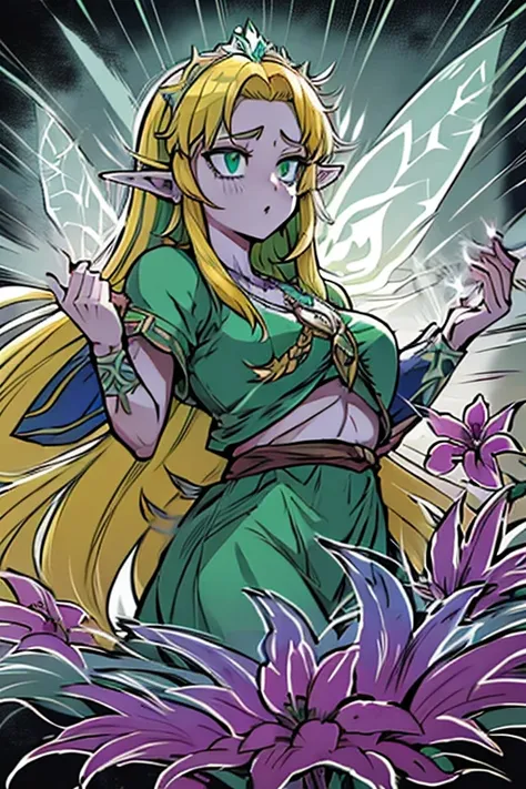 princesa zelda, tatuagem de cobra, olhos azuis, plano de fundo: floresta mal iluminada iluminada, High definition, obra de arte, orelhas pequenas, green skull in hand