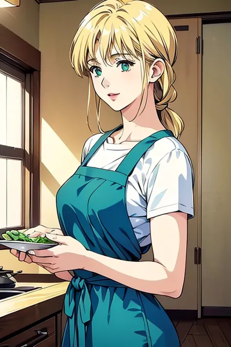 highest quality、((line art))、mother with short blonde hair、((full-body portrait of a 40-year-old woman))、enjoying cooking a meal...