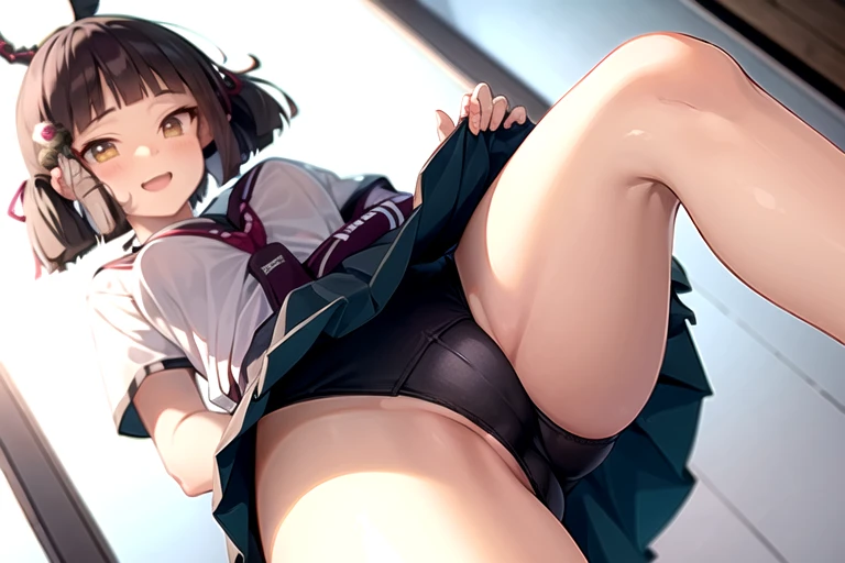 school swimsuit,  (((miyu edelfelt:2))), (Prisma☆Illya, black hair, brown eyes, medium hair, x-shaped hair ornament), (masterpiece, best quality, ultra-highdetail, extremely detailed illustration,intense shadows, 8k quality), very short pleated skirt,  low...