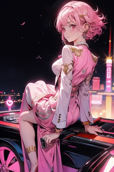 1lady, solo,pink hair,suit,dealer,in casino