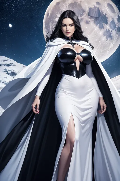 super villain,mature woman with black hair and blue eyes, detailed face , sexy, curvy, tall, white woman, dress with cape, desing with christian cross , background in snow, moon in the night sky
