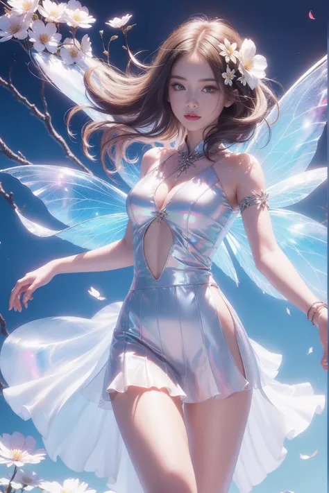 (((girl))，Long skirt，Iridescent colors，(Flower Fairy)，(Rich colors)，spring，Arthur effect, Transparent body, Gradient translucent glass melt, Caustics, Clear glass texture, Iridescent colors, design：Dietrams, Simple, Shining in every detail, White backgroun...