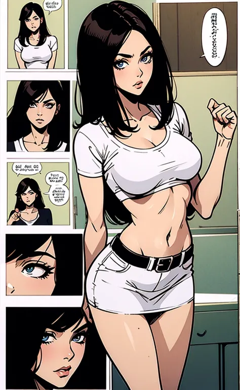 Manga comic sensual brunette girl white t-shirt  tabled skirt In a sensual pose Small waist big hips (bigboob) (Black & White) (highly detailed) (concept art) (manga) (anime) (draw) (face anime detailed) (comics)