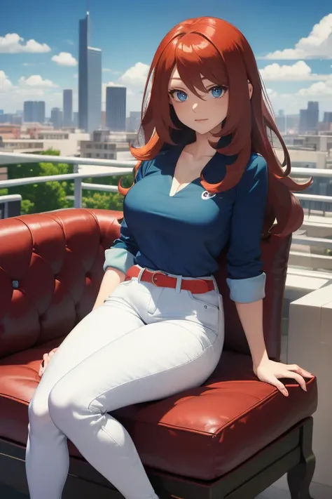 ((In the style of Pokémon)), (Masterpiece, Best quality), (full body view), ( intricate Face + multicolored eyes ), green eyes, red hair, long hair, white blouse, blue jeans, big breasts, big smile, sitting, chair, High heels hanging down, city background