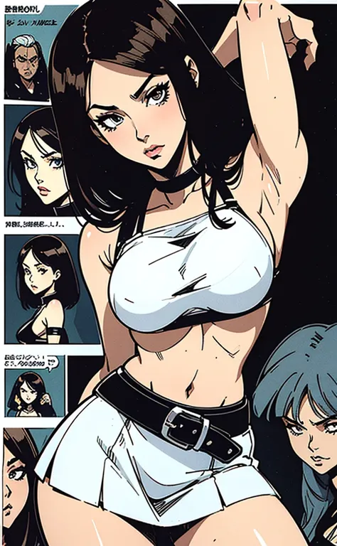 Manga comic sensual brunette girl white crop top  tabled skirt In a sensual pose Small waist big hips (bigboob) (Black & White) (highly detailed) (concept art) (manga) (anime) (draw) (face anime detailed) (comics)