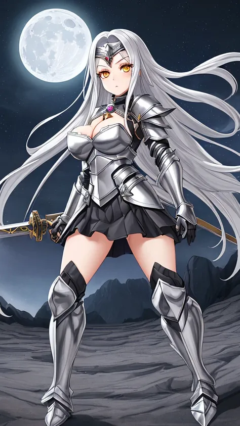 Girl with long silver hair, golden eyes, silver forehead protector, black armor, chest, cleavage, iron armor skirt, iron boots, sword, night sky, moon