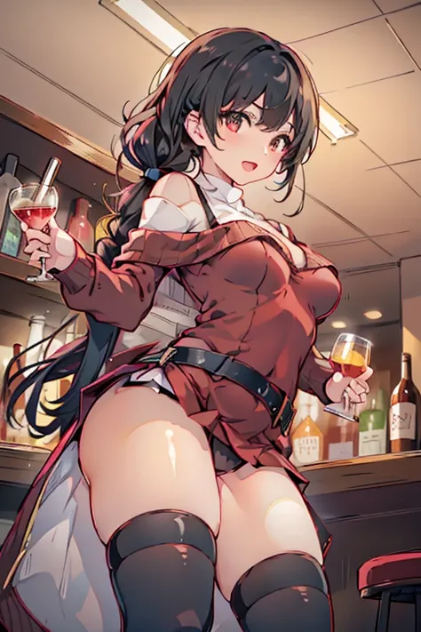 (from below:1.2),(from side:0.9), ((Face)), (Close-Up:0.4), masterpiece,"A 26-year-old girl stands at a bar counter. She is dressed in a stylish off-shoulder dress, sweater dress, off-shoulder sweater, red sweater,garter stocking, cleavage:1.1, midriff, bl...