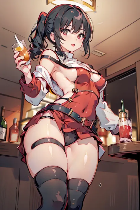 (from below:1.2),(from side:0.9), ((Face)), (Close-Up:0.4), masterpiece,"A 26-year-old girl stands at a bar counter. She is dressed in a stylish off-shoulder dress, sweater dress, off-shoulder sweater, red sweater,garter stocking, cleavage:1.1, midriff, bl...