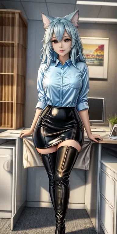 Masterpiece, beautiful art, 8k, art style by sciamano240, very detailed face, detailed clothes, detailed fabric, 1girl, beautiful face, long hair, light blue hair, wearing office clothes , working , tight pencil skirt, thigh boots , very detailed blue cat ...