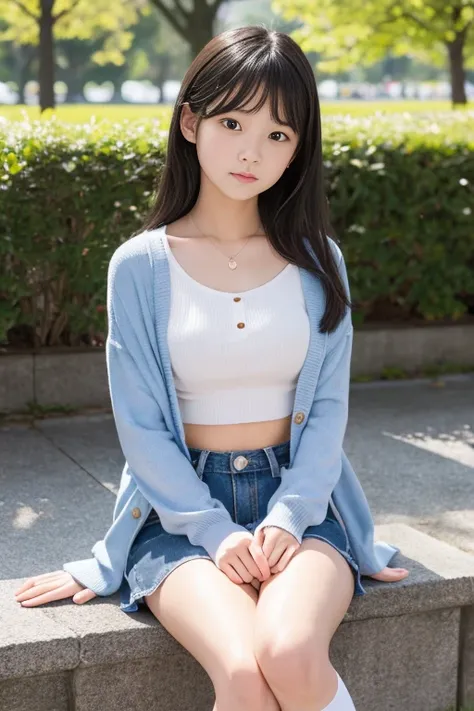 8k,Japanese,9 years old,Childish,Innocent face,Innocent look,Teenage Girl,cute,spring-like clothes,Spring weather,Casual wear,Black Hair,Riverside Park,Sitting,Thighs,Décolletage、Absolute area、Thighsの付け根、Chest、Knee-high socks、Her belly button is visible、I ...