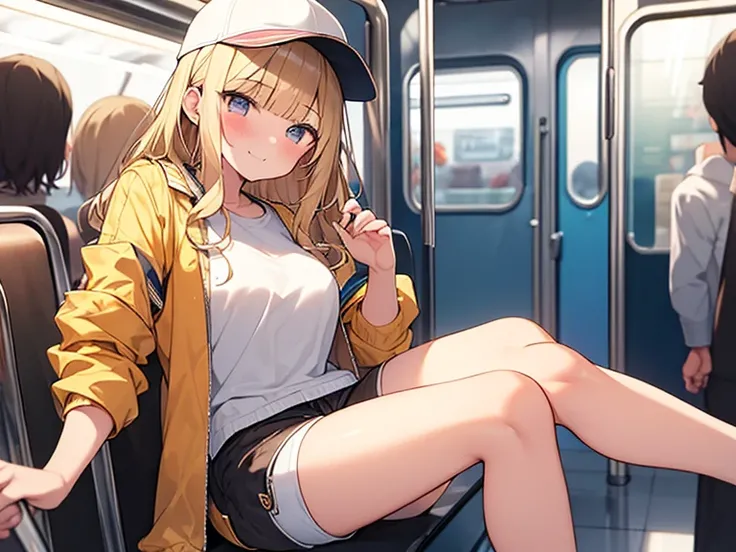 Masterpiece, Top quality, 1 beautiful girl, Blonde, medium Hair, wavy Hair, blunt bangs, silky hair, 17 year old, standard weight, medium breasts, (cool jacket, Shorts :1.3), cap, happy, blush, beautiful scene on the subway, blurry background, back lightin...