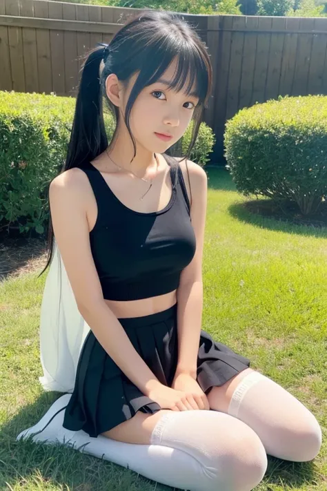 8k,Japanese,10 years old,Innocent face,Teenage Girl,cute,mini skirt,Casual wear,Sitting,Black Hair,garden,Hair Clip、Light clothing、soaked、Cheerleader、cute、High exposure、Spreading her legs wide、Legs wide open、See-through fashionable clothes、Show pants、Knee-...