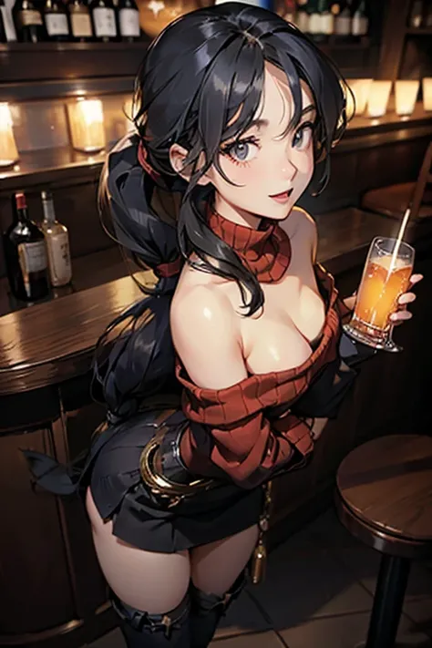 (from above:1.1),(from side:0.9), ((Face)), (Close-Up:0.4), masterpiece,"A 26-year-old girl stands at a bar counter. She is dressed in a stylish off-shoulder dress, sweater dress, off-shoulder sweater, red sweater,garter stocking, midriff, red skirts, blac...