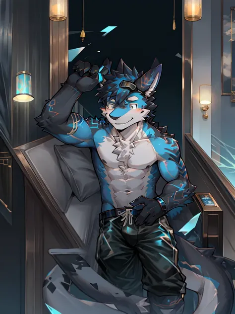 Chinese dragon boy，Gray fur，Topless, mammal, hairy，Gray Eyes，upscale hotel，Blue and black gradient swimming trunks quality，black fingerless gloves，goggles