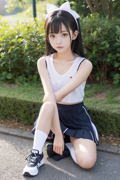 8k,Japanese,10 years old,Innocent face,Teenage Girl,cute,mini skirt,Casual wear,Sitting,Black Hair,garden,Hair Clip、Light clothing、soaked、Cheerleader、cute、High exposure、Spreading her legs wide、See-through fashionable clothes、Show pants、Knee-high socks、Abso...