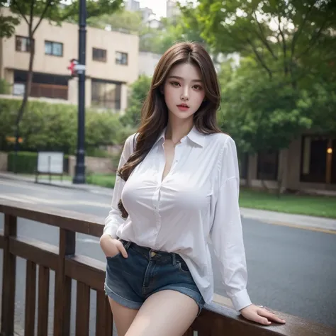 ((Highest quality, 8ก, Masterpiece: 1.3)),  woman, woman 1 person, (Slender figure: 1.2), huge breasts, curvy, pretty, dark brown hair, (outdoor, shirt, short pants: 1.1), Ultra-detailed faces, detailed lips, Detailed eyes, Double eyelids, (big breasts: 1....