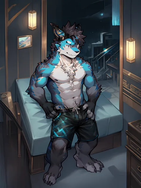 Chinese dragon boy，Gray fur，Topless, mammal, hairy，Gray Eyes，upscale hotel，Blue and black gradient swimming trunks quality，black fingerless gloves，goggles