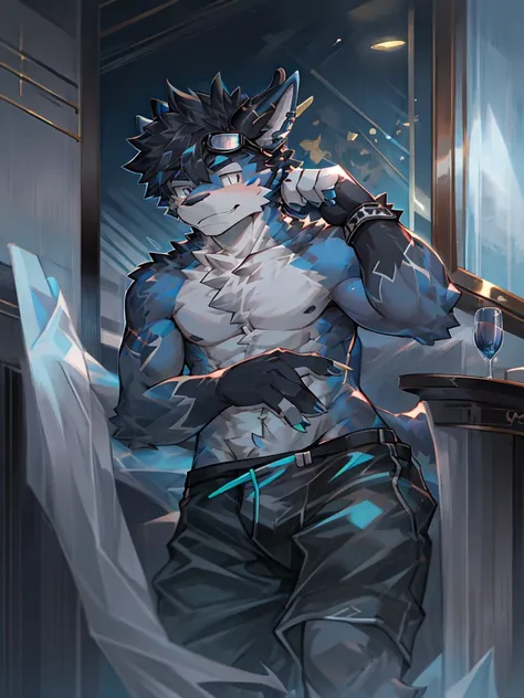 Chinese dragon boy，Gray fur，Topless, mammal, hairy，Gray Eyes，upscale hotel，Blue and black gradient swimming trunks quality，black fingerless gloves，goggles