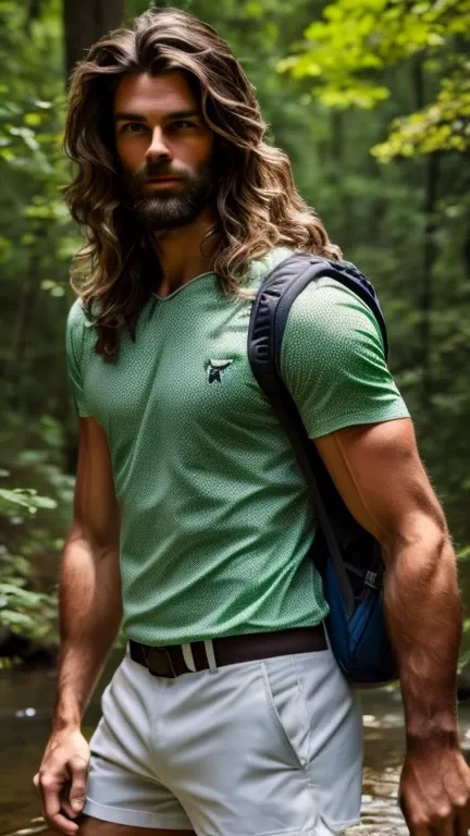 Tall, handsome, strong man with long wavy brown hair, with out beard, wearing a white and green  shirt, dark grey cotton shorts, mountain tennis, blue travel backpack, standing in a forest with creek surrounded by monarch butterflies 