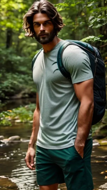 Tall, handsome, strong man with long wavy brown hair, with out beard, wearing a white and green  shirt, dark grey cotton shorts, mountain tennis, blue travel backpack, standing in a forest with creek surrounded by monarch butterflies 