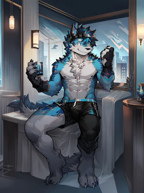 Chinese dragon boy，Gray fur，Topless, mammal, hairy，Gray Eyes，upscale hotel，Blue and black gradient swimming trunks quality，black fingerless gloves，goggles