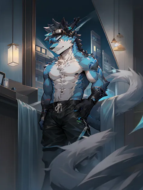 Chinese dragon boy，Gray fur，Topless, mammal, hairy，Gray Eyes，upscale hotel，Blue and black gradient swimming trunks quality，black fingerless gloves，goggles