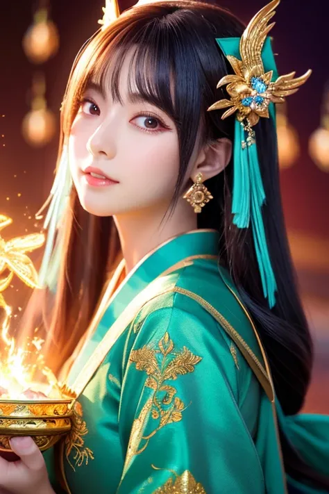 High quality CG illustration,((highest quality)), ((masterpiece)), (detailed), Perfect Face,日本の女god,A glamorous atmosphere,,Long Hair,Big eyes,Portrait photos,Background Green,god秘的,Shrine maiden,女god,Beauty,The goddess,Anime CG,god様,gem,Green and pink hai...