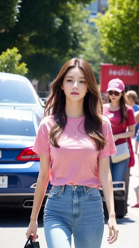 Visual flow of a beautiful woman walking down the street, Her pink T-shirt and faded blue jeans sparkled in the sun., A red car passing by in the background, And the glittering world.  