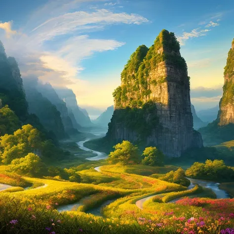 A breathtaking panorama of ethereal floating landscapes, featuring towering cliffs adorned with ancient pagodas that gracefully cascade down towards serene rivers. This exquisite artwork is a masterpiece of digital painting, boasting an intricate blend of ...