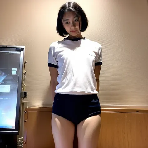 (8k, RAW Photos, highest quality, masterpiece:1.2), (Realistic, photo-Realistic:1.4), (Highly detailed 8k wallpaper), Beautiful woman in Japan at school. Blue Bloomers, Short Bob Hair, Black Hair, Are standing