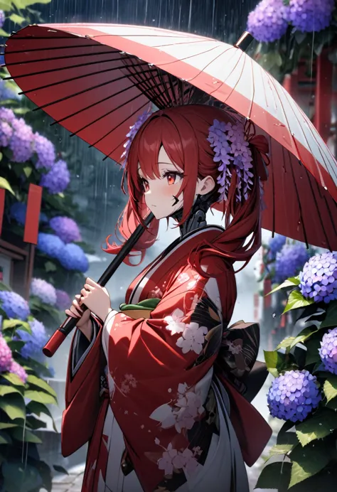 High quality, high definition, hig
h precision images,8k 1 girl、red hair,Twin tails,Red eyes.(robot style red and white barrette)、cyborg style gorgeous red and white Japanese kimono,Many hydrangeas in the background, Holding a cyborg-style Japanese umbrell...