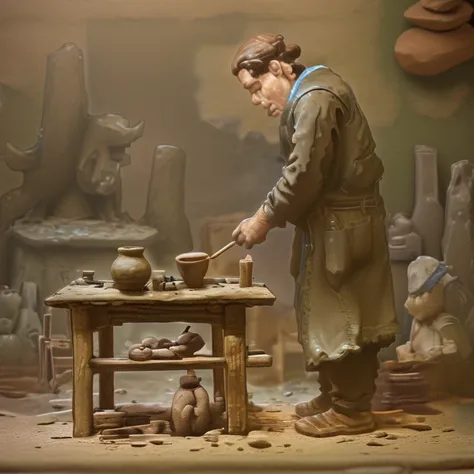 A scene，There is a stone workbench，There is a craftsman facing us.，Making palm-sized clay figures on the workbench，This clay figure has its back to us.，The front is not visible。