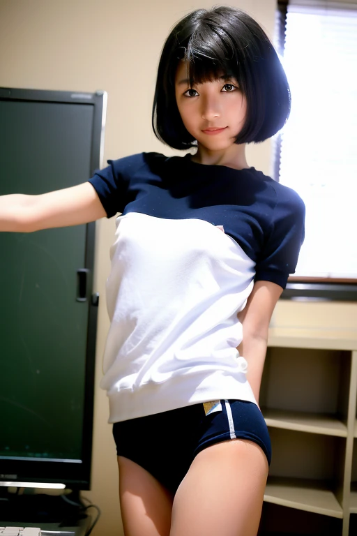 (8k, RAW Photos, highest quality, masterpiece:1.2), (Realistic, photo-Realistic:1.4), (Highly detailed 8k wallpaper), Beautiful woman in Japan at school. Blue Bloomers, Short Bob Hair, Black Hair,  Are standing