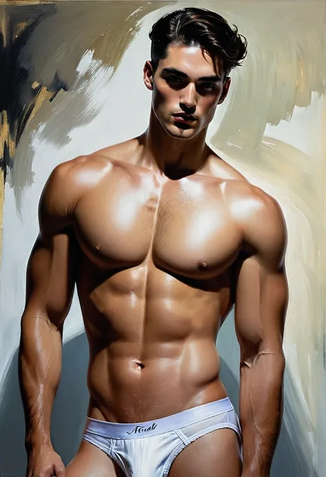 chiaroscuro technique on sensual illustration of an arafed man in white underwear, sexy masculine, diego fazio, male model, by Ludovit Fulla, model with attractive body, inspired by Ludovit Fulla, mid-shot of a hunky, the model draped in flowing, thick oil...